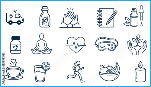 Health and wellness icons set featuring self-care, mindfulness, nutrition, fitness, sleep, herbal remedies, and emotional support visuals