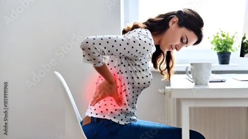 Young Woman Suffering from Lower Back Pain at Office Desk