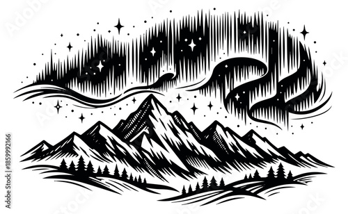 Hand drawn line art illustration of northern lights and mountains depicting a majestic night landscape for outdoor adventure designs