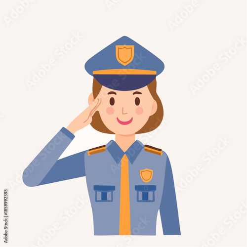A professional vector illustration of a funny cartoon police woman character wearing a blue uniform and cap with a gun and security icon representing a law enforcement officer at work