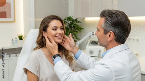 Dermatologist examines woman's face in modern medical office