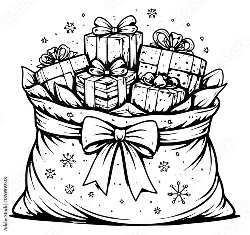 Hand drawn line art illustration of a santa's bag depicting a festive sack overflowing with presents for christmas celebration