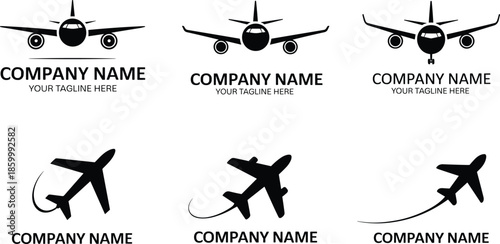 Airplane logo design collection featuring modern aviation symbols with aircraft silhouettes for airline travel business branding in clean flat black vector style