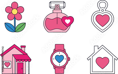 Charming Vector Illustration Set - Hearts, Flowers, and Homes