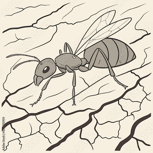 a detailed drawing depicts a gray ant with visible wings perched on cracked earth presenting a natural insect study