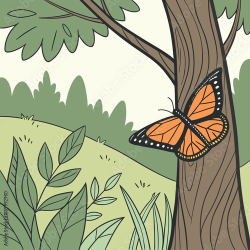 A vibrant monarch butterfly rests delicately on the textured bark of a tree in a serene illustrated landscape scene
