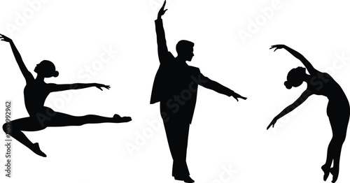 Ballet dancer silhouettes collection featuring graceful male and female dance poses in elegant motion as flat black vector illustration isolated on white background