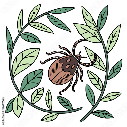 A detailed illustration depicts a brown tick nestled within a circular arrangement of vibrant green leaves and stems