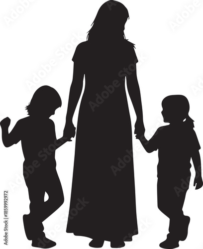 Mother walking with children