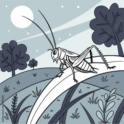 A whimsical illustration depicts a detailed grasshopper perched on a blade of grass under a luminous moonlit night sky with
