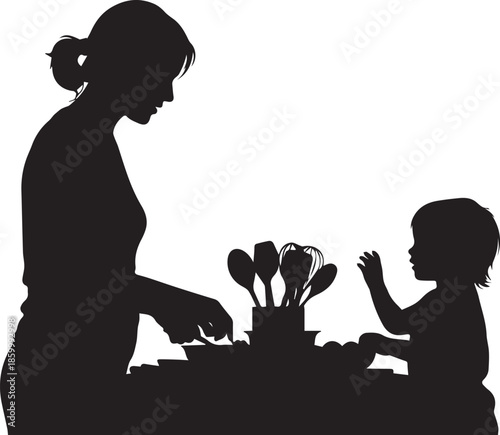 Mother and child cooking together