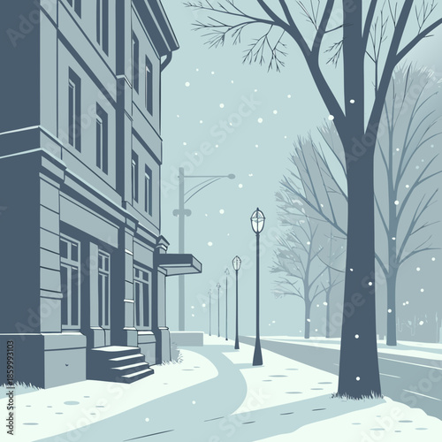 A serene winter street scene depicts a classic building with snow covered sidewalks and bare trees illuminated by vintage street