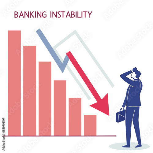 A visual representation of banking instability depicting a declining graph and a concerned businessman facing financial downturn high quality