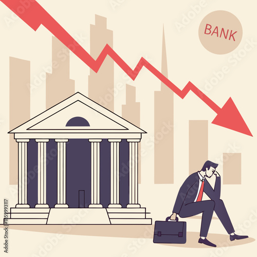 A distressed businessman sits before a bank building as a red line graph sharply declines symbolizing financial trouble