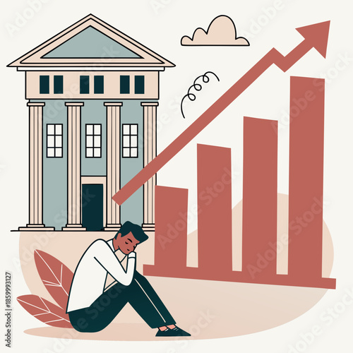 A visual representation of financial hardship and economic downturn featuring a building growth chart and despairing person high quality