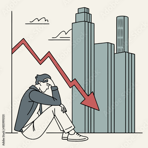 a distressed man sits with head in hands before a cityscape and a declining financial graph line high quality