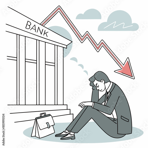 A stressed businessman sits dejectedly outside a bank with a declining graph overhead symbolizing financial hardship and worry