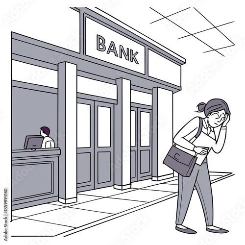 a distressed woman stands outside of a bank building appearing worried and concerned about finances or a transaction