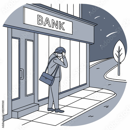 A worried businessman stands outside a bank seemingly distressed and possibly contemplating financial hardship or a difficult decision