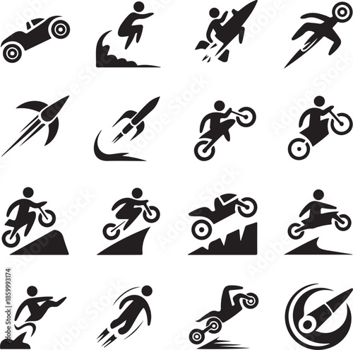 blackandwhite icons of people riding motorcycles and rockets  various sports actions