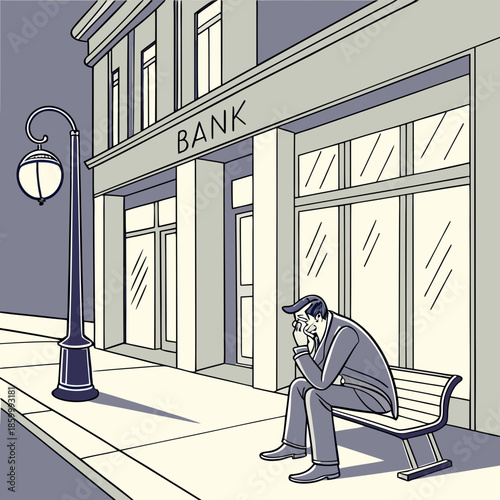 a worried man sits on a bench near a bank building with classical architecture and a vintage street lamp