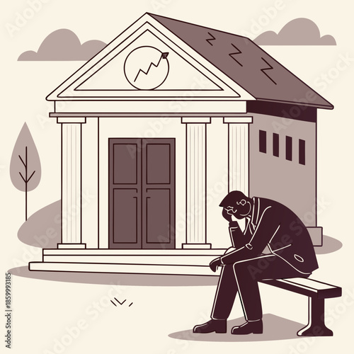 a distraught businessman sits slumped on a bench outside a building resembling a bank conveying financial stress and worry