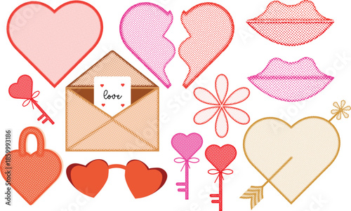 Halftone enchanting array of colorful love and valentine's day themed embroidery designs and motifs Vector