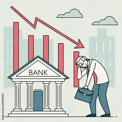 a distressed businessman leans on a bank building as a financial graph dramatically declines symbolizing economic hardship and potential loss