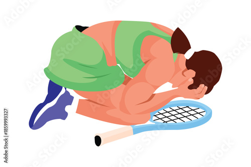 Tennis player kneeling with head in hands beside racket. A raw moment of disappointment and emotion.