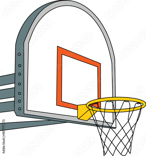Basketball hoop and backboard cartoon illustration, sports equipment graphic isolated on white background for training, education, fitness design, and game concepts