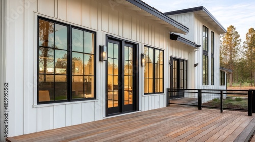 A farmhouse exterior white vertical paneling with large black framed windows Surrounding deck adds compositional balance Captured during