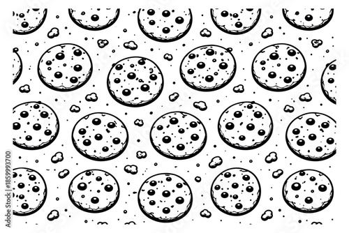 Hand drawn line art cookie pattern set featuring chocolate chip cookies for sweet dessert packaging