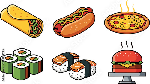 Delicious Food Illustrations: Sushi, Pizza, Burgers, and More