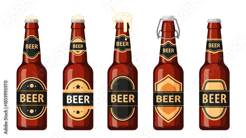 Vector set of five brown glass beer bottles with distinct black and gold labels, including a swing-top and overflowing foam, isolated on white for craft brewery branding or pub menu designs