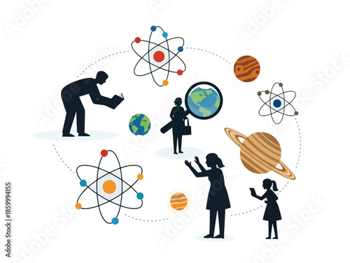 Illustration of people studying science, surrounded by atomic models, planets, and globes, representing various scientific disciplines.
