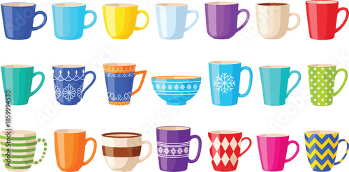 Colorful coffee mug vector set featuring various patterned ceramic cups and tea bowls in bright colors isolated on white background for kitchen design.