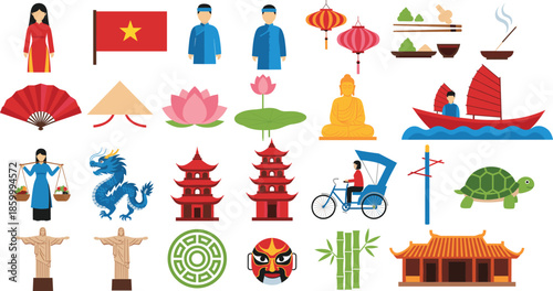 Vietnam travel vector set with lotus dragon pagoda lantern rickshaw buddha bamboo and people in traditional conical hats isolated on white background.