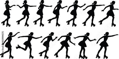 Roller skating girl silhouette sequence showing motion and balance, black vector illustration set, dynamic sport movement poses for fitness, dance, and lifestyle design concepts