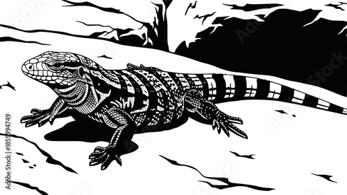 Graphic illustration of a black and white Argentine tegu lizard on a rocky surface. Design for educational wildlife posters or exotic pet care branding. Transparent background EPS version.
