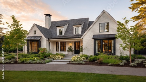 A farmhouse exterior with cream siding gray shingle roof and black framed windows Surrounded by manicured garden beds