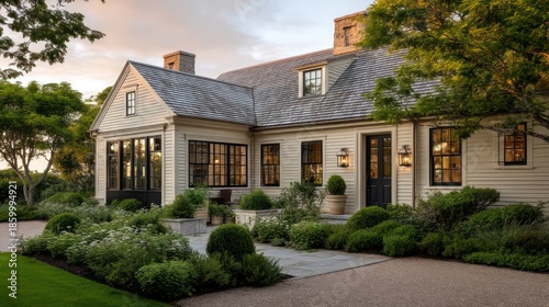 Wallpaper Mural A farmhouse exterior with cream siding gray shingle roof and black framed windows Surrounded by manicured garden beds Torontodigital.ca