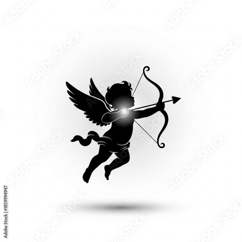 Elegant silhouette of a winged cherub aiming a glowing arrow, symbolizing love, passion, and romantic affection, ideal for Valentine's Day designs and timeless romantic themes