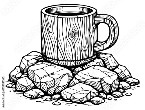 Hand drawn line art illustration of a wooden mug depicting a drink resting on rocks for rustic adventures
