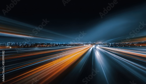 Dynamic Night Highway - Streaking Orange and Blue Light Trails, Urban Motion Blur.