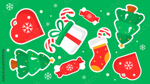 Christmas decorations including trees, gifts, and candy canes