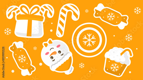 Christmas candy and a snowman on orange