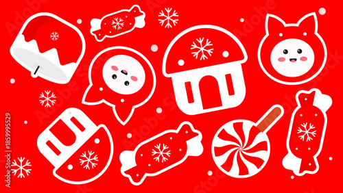 Red holiday background of a candy house and animal figure