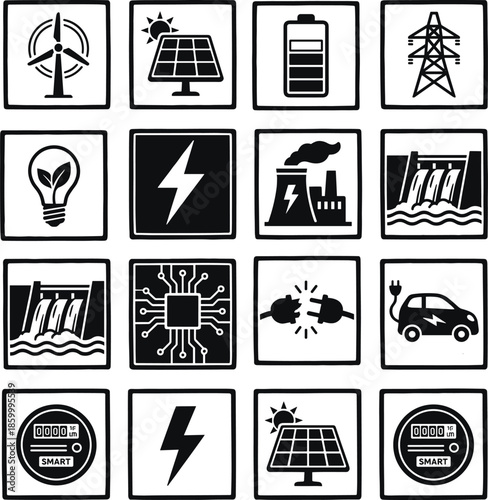 Energy and electricity icons set featuring renewable sources, smart grid, electric vehicles, meters, and eco-friendly power visuals
