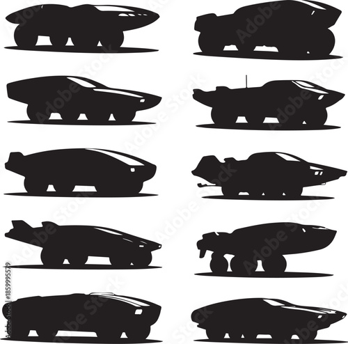 Silhouettes of various futuristic cars and vehicles in different designs and shapes