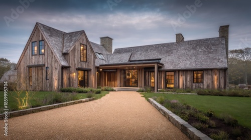 A farmhouse exterior with wide gable roof clad rustic cedar shingles Gravel pathway aligns neatly toward entrance Subtle